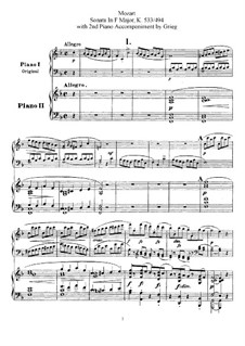 Sonata for Piano No.15 in F Major, K.533/494: arranjos para dois pianos de quatro mãos by Wolfgang Amadeus Mozart