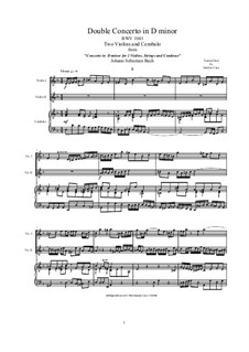 Double Concerto for Two Violins, Strings and Basso Continuo in D Minor, BWV 1043: Arrangement for two violins and piano by Johann Sebastian Bach