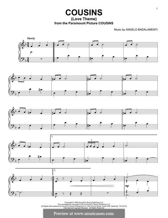 Cousins (Love Theme): Para Piano by Angelo Badalamenti