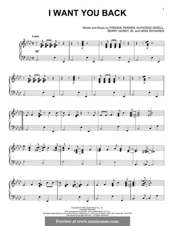 I Want You Back (The Jackson 5): Para Piano by Alphonso Mizell, Berry Gordy, Deke Richards, Freddie Perren
