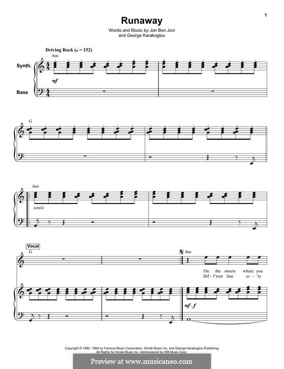Runaway (Bon Jovi): For voice, bass guitar and synthesizer by George Karakoglou, Jon Bon Jovi