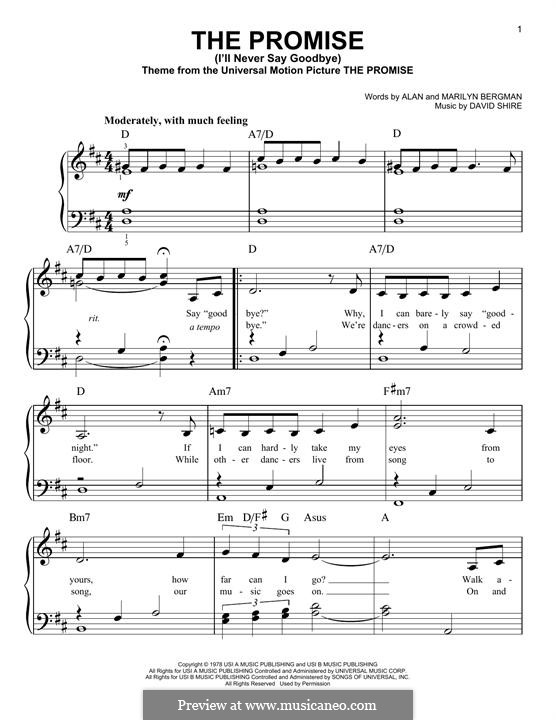 The Promise (I'll Never Say Goodbye): Para Piano by David Shire