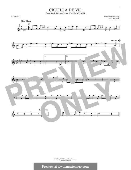 Cruella de Vil (from 101 Dalmatians): para clarinete by Mel Leven