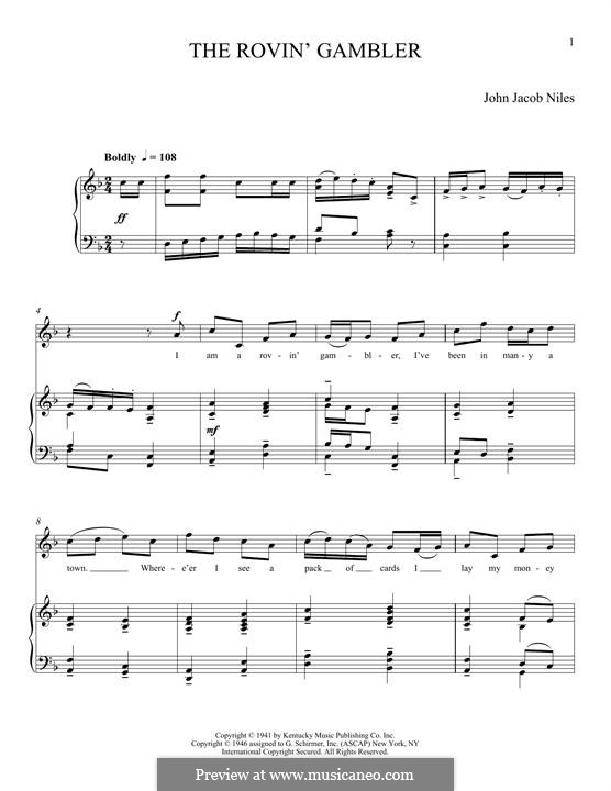 The Rovin' Gambler: Para vocais e piano by John Jacob Niles