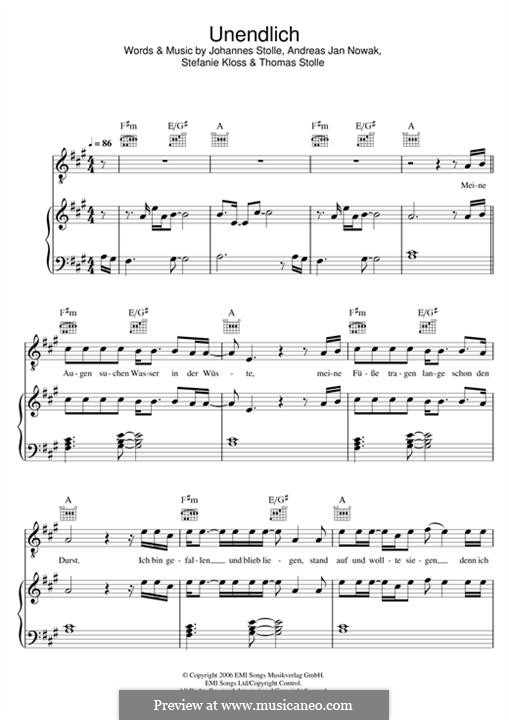 Unendlich (Silbermond): Para vocais e piano (ou Guitarra) by Johannes Stolle, Thomas Stolle, Andreas Jan Nowak, Stefanie Kloss