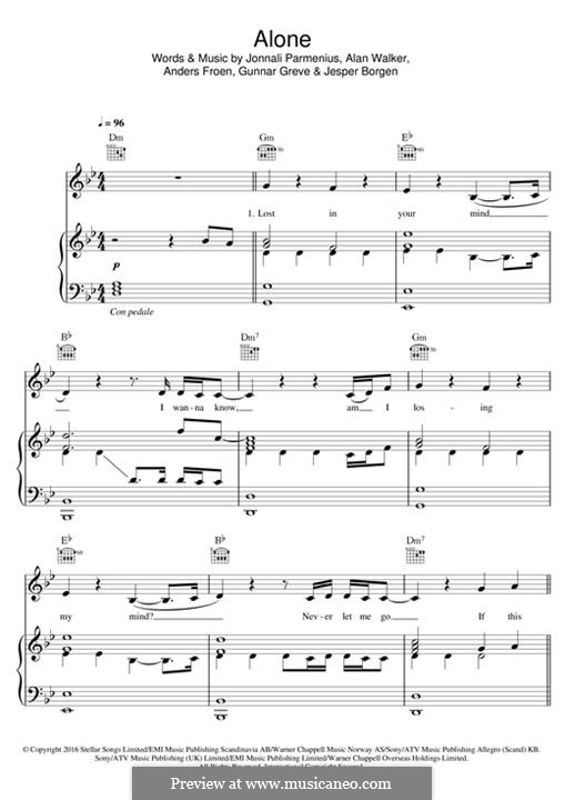 Alone: Para vocais e piano (ou Guitarra) by Jonnali Parmenius, Alan Walker, Anders Froen, Gunnar Greve, Jesper Borgen