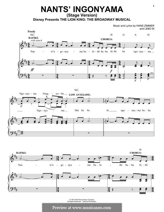 Nants' Ingonyama (Stage Version): Para vocais e piano (ou Guitarra) by Hans Zimmer, Lebo M