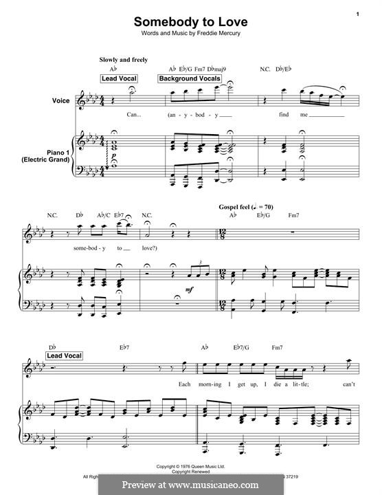 Somebody to Love (Queen): Para vocais e piano by Freddie Mercury
