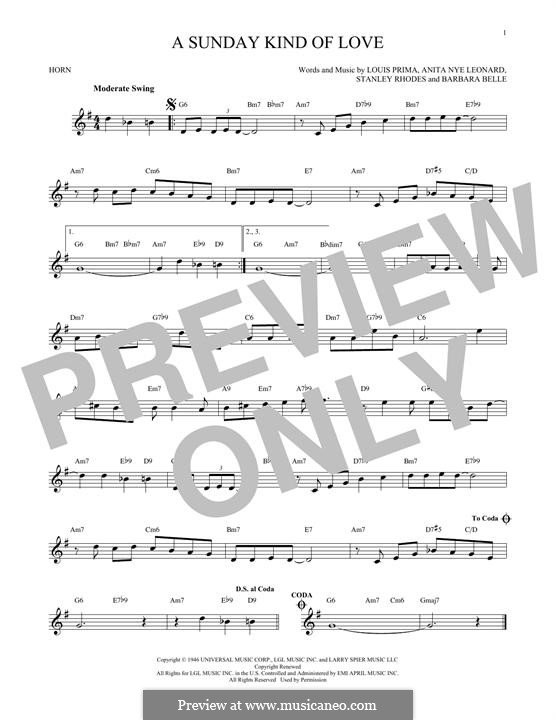 A Sunday Kind of Love: For horn by Anita Leonard, Barbara Belle, Louis Prima, Stan Rhodes