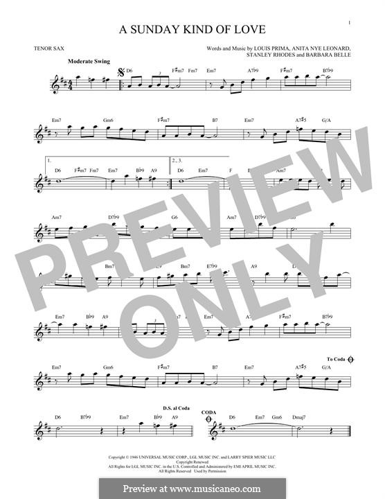 A Sunday Kind of Love: para saxofone tenor by Anita Leonard, Barbara Belle, Louis Prima, Stan Rhodes