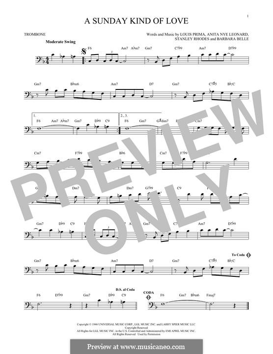 A Sunday Kind of Love: para trombone by Anita Leonard, Barbara Belle, Louis Prima, Stan Rhodes
