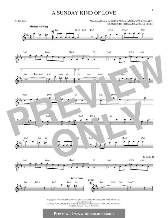 A Sunday Kind of Love: para Saxofone Alto by Anita Leonard, Barbara Belle, Louis Prima, Stan Rhodes