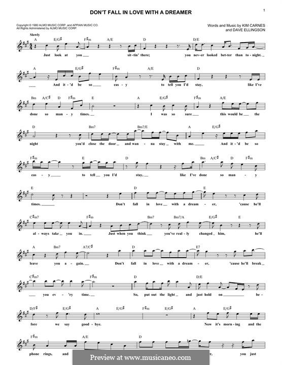 Don't Fall in Love with a Dreamer: Letras e Acordes by Dave Ellingson, Kim Carnes