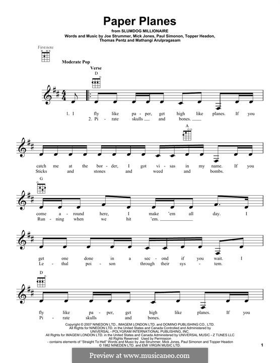 Paper Planes (M.I.A.): para ukulele by Joe Strummer, Mathangi Arulpragasam, Mick Jones, Paul Simonon, Diplo, Topper Headon