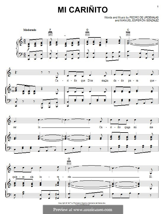 Mi Carinito: Para vocais e piano (ou Guitarra) by Pedro de Urdemalas, Manuel Esperon Gonzalez