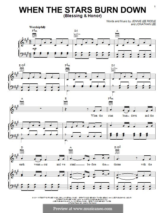 When The Stars Burn Down (Blessing and Honor): Para vocais e piano (ou Guitarra) by Jennie Lee Riddle, Jonathan Lee