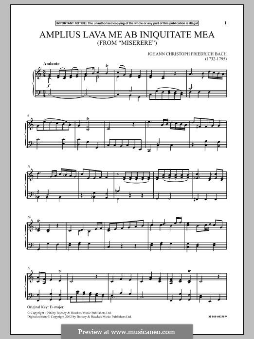 Amplius Lava Me ab Iniquitate Mea (from Miserere): Para vocais e piano by Johann Christoph Friedrich Bach