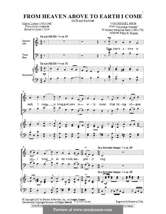 From Heaven Above to Earth I Come: para coro misto by Johann Sebastian Bach