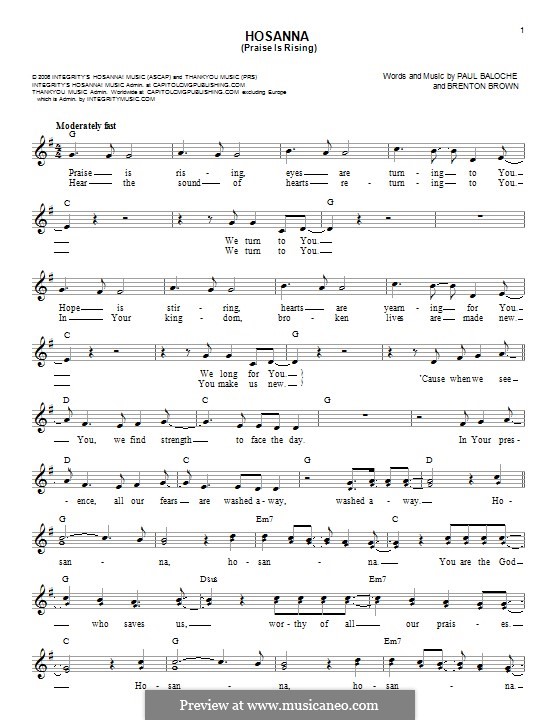Hosanna (Praise is Rising): melodia by Paul Baloche, Brenton Brown