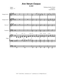 Ave verum corpus, K.618: For brass quartet - organ accompaniment by Wolfgang Amadeus Mozart