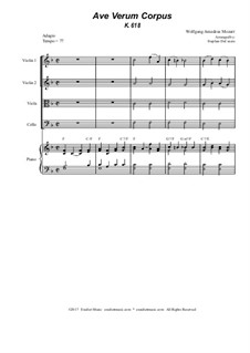 Ave verum corpus, K.618: For string quartet - piano accompaniment by Wolfgang Amadeus Mozart