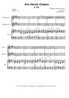 Ave verum corpus, K.618: Bb-trumpet duet - piano accompaniment by Wolfgang Amadeus Mozart
