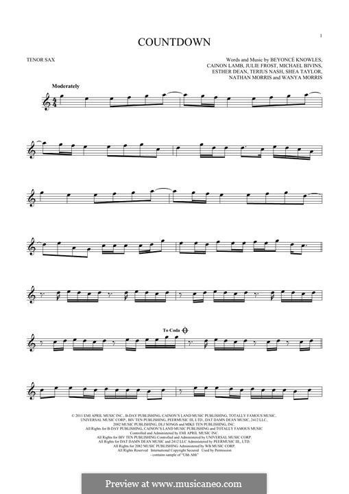 Countdown (Beyonce): para saxofone tenor by Cainon Lamb, Esther Dean, Julie Frost, Michael Bivins, Nathan Morris, Robert Shea Taylor, Shavo Odadjian, Terius Nash, Wanya Morris