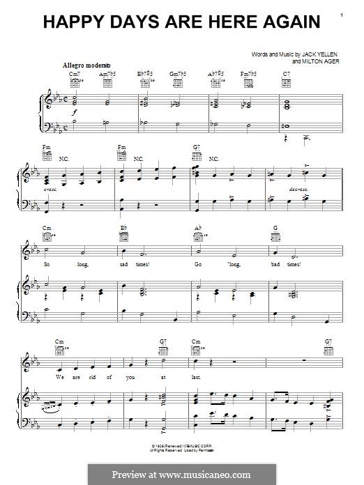 Happy Days Are Here Again (Jack Yellen): Para vocais e piano (ou Guitarra) by Milton Ager