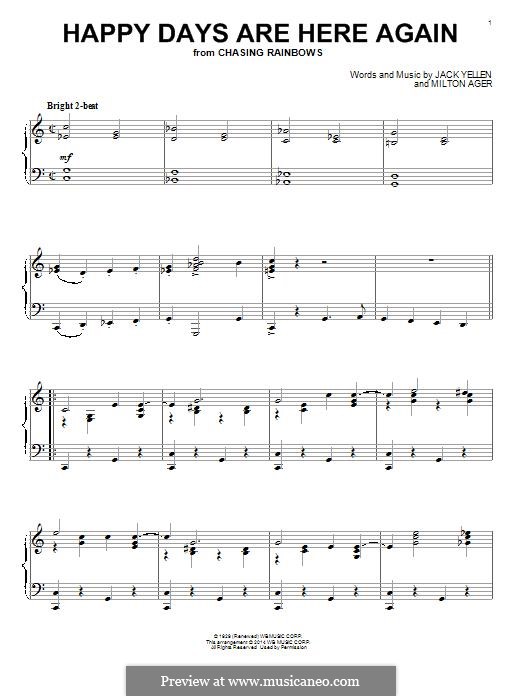Happy Days Are Here Again (Jack Yellen): Para Piano by Milton Ager
