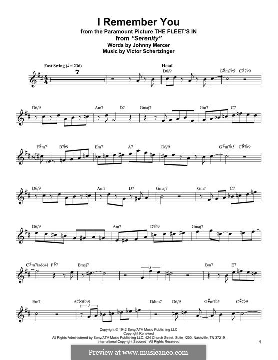 I Remember You (Diana Krall): para saxofone tenor by Victor Schertzinger