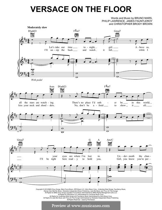 Versace on the Floor: Para vocais e piano (ou Guitarra) by James Fauntleroy II, Bruno Mars, Philip Lawrence, Christopher Brody Brown