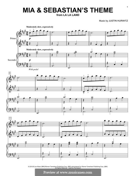 Mia and Sebastian's Theme (from La La Land): para piano de quadro mãos by Justin Hurwitz