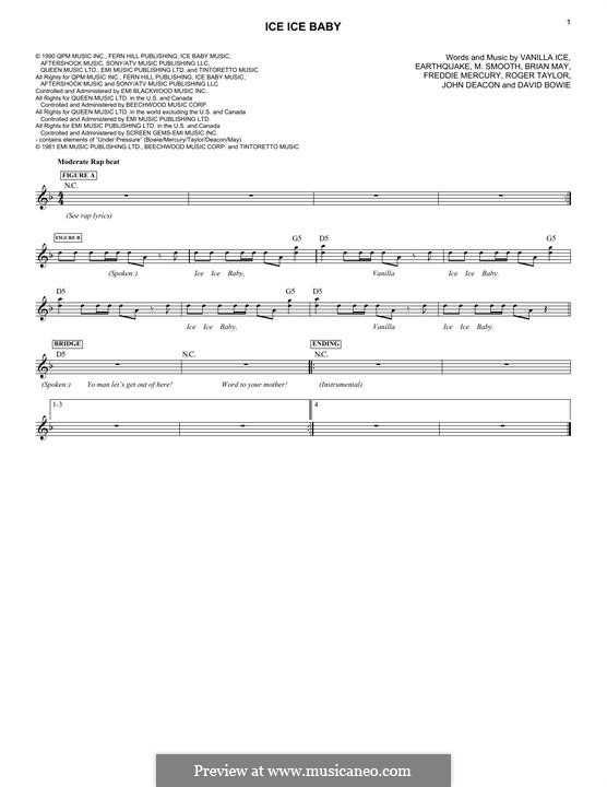 Ice Ice Baby: melodia by DJ Earthquake, Brian May, David Bowie, Freddie Mercury, John Deacon, M. Smooth, Roger Taylor, Vanilla Ice