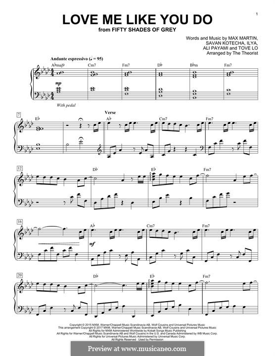 Love Me Like You Do: Para Piano by Max Martin, Savan Kotecha, Ali Payami, Ilya, Tove Lo