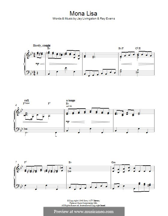 Mona Lisa (Nat King Cole): Para Piano by Jay Livingston, Raymond Evans