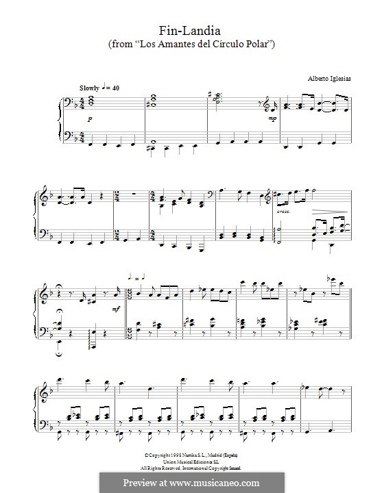 Fin-Landia (from 'Los Amantes del Círculo Polar'): Para Piano by Alberto Iglesias