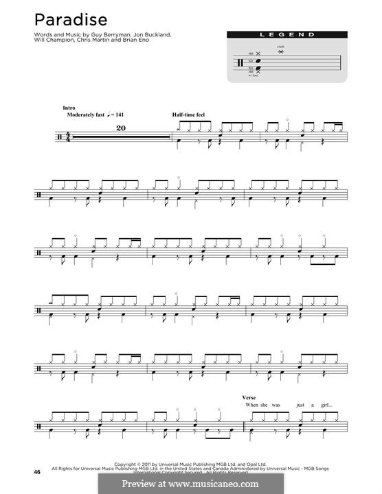 Paradise (Coldplay): Drum set by Brian Eno, Chris Martin, Guy Berryman, Jonny Buckland, Will Champion