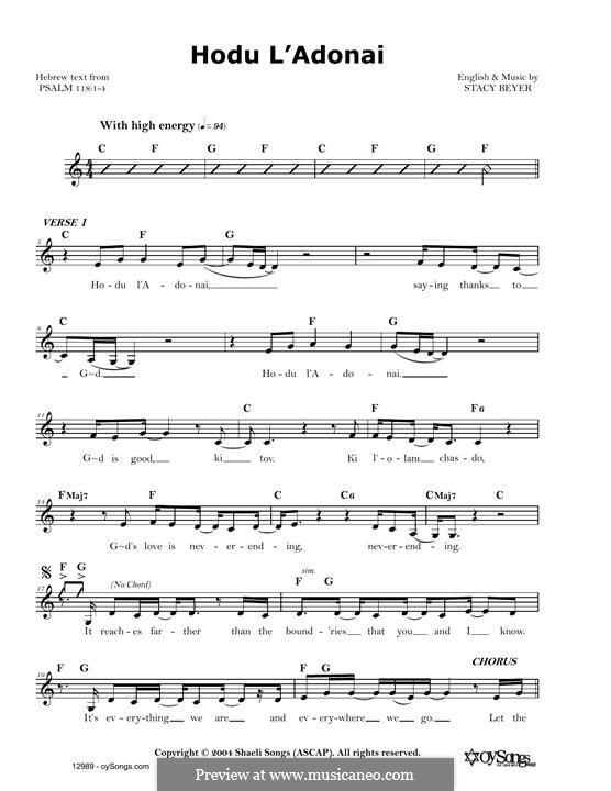 Hodu L'Adonai: melodia by Stacy Beyer