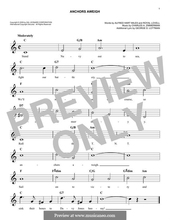 Anchors Aweigh (Alfred Hart Miles): melodia by Charles A. Zimmermann, George D. Lottman, Royal Lovell