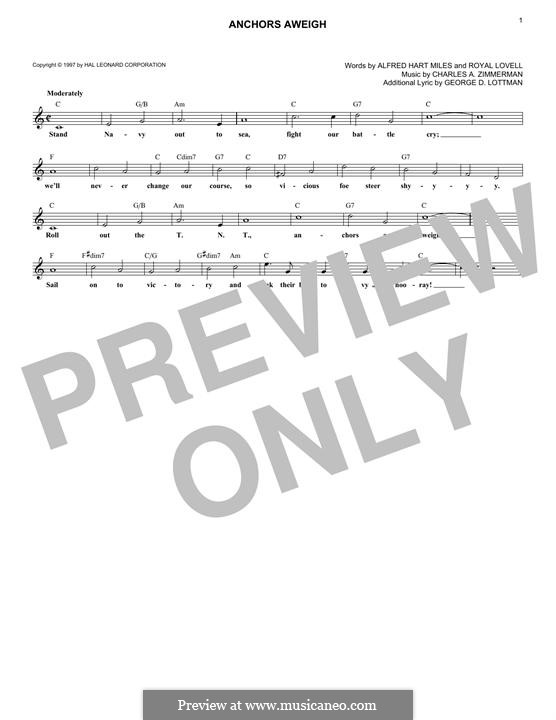 Anchors Aweigh (Alfred Hart Miles): melodia by Charles A. Zimmermann, George D. Lottman, Royal Lovell