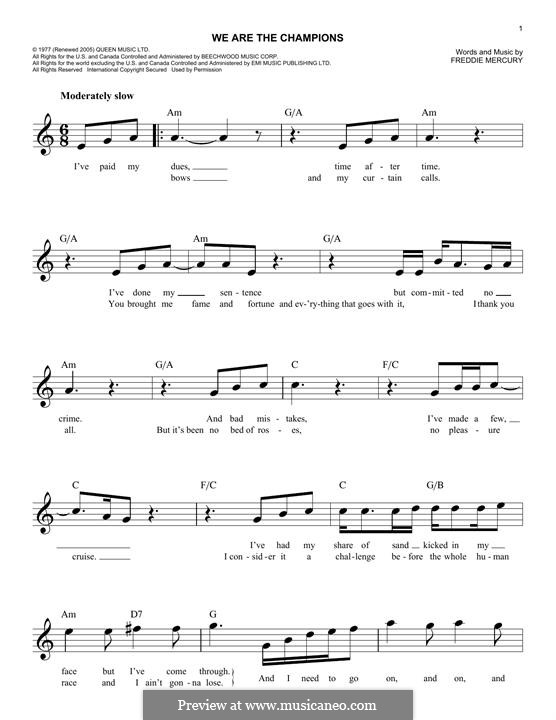 We are the Champions (Queen): melodia by Freddie Mercury