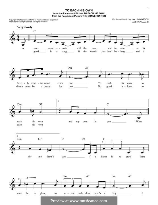 To Each His Own: melodia by Jay Livingston, Raymond Evans