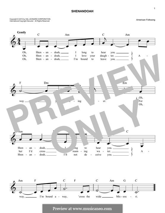 Oh Shenendoah (Shenandoah) Printable Scores: melodia by folklore