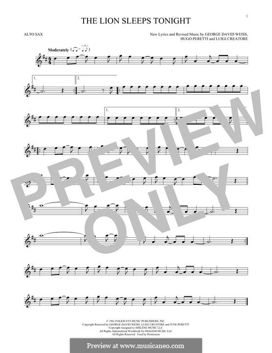 The Lion Sleeps Tonight (Wimoweh): para Saxofone Alto by George David Weiss, Hugo Peretti, Luigi Creatore