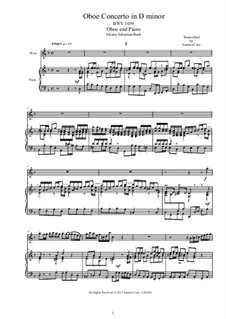 Concerto for Oboe and Orchestra in D Minor, BWV 1059: Version for oboe and piano by Johann Sebastian Bach