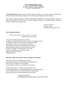 Two Wakefield Songs (2004) for mezzo-soprano, Bb or A clarinet and piano: Two Wakefield Songs (2004) for mezzo-soprano, Bb or A clarinet and piano by Carson Cooman