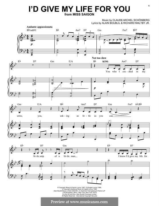 I'd Give My Life for You: Para vocais e piano by Claude-Michel Schönberg