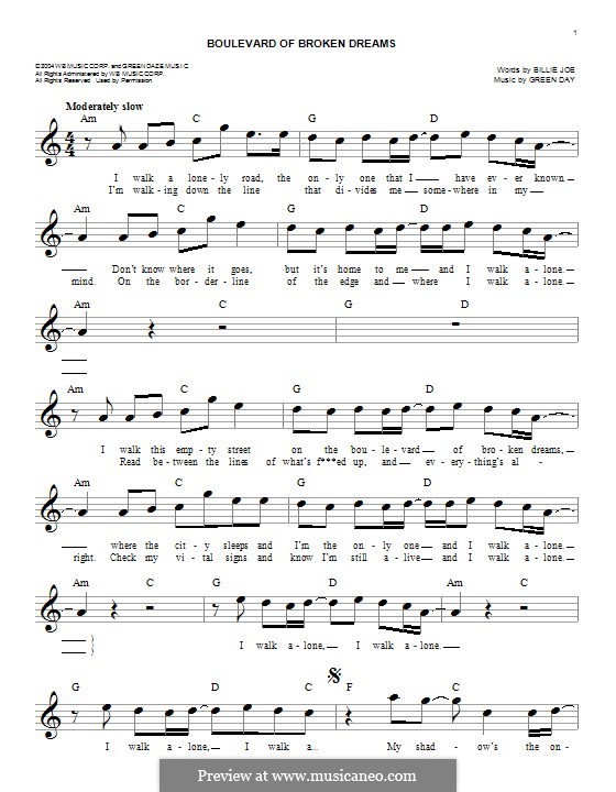 Boulevard of Broken Dreams (Green Day): melodia by Billie Joe Armstrong, Tré Cool, Michael Pritchard