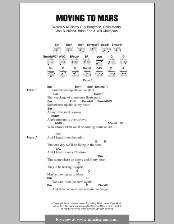 Moving to Mars (Coldplay): Letras e Acordes by Brian Eno, Chris Martin, Guy Berryman, Jonny Buckland, Will Champion