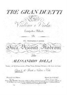 Three Grand Duos for Violin and Viola, BI 76, 36, 84 Op.8: Three Grand Duos for Violin and Viola by Alessandro Rolla